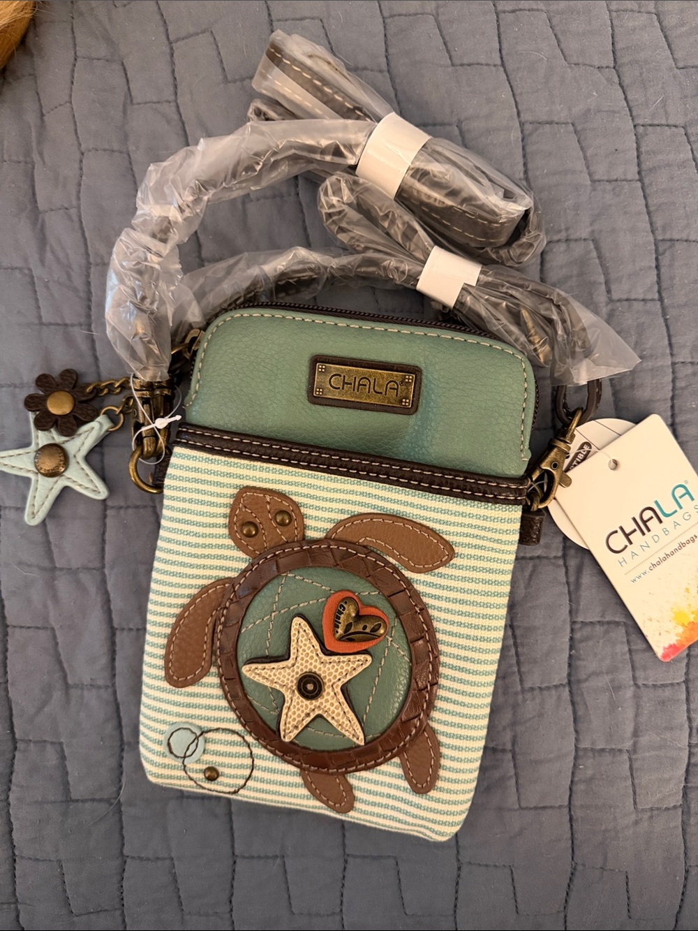 Chala cellphone xbody sea turtle teal stripe bag NWT